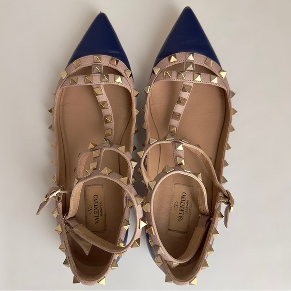 ✨VALENTINO GARAVANI Rockstud Leather Cage Flats Blue Size 37.5 - Picture 7 of 16